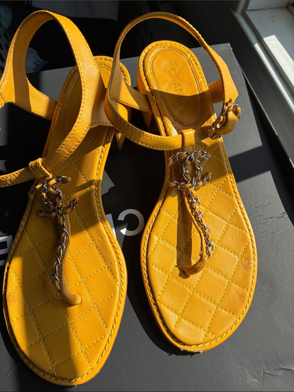 CHANEL Yellow Quilted T-Strap Chain Sandals